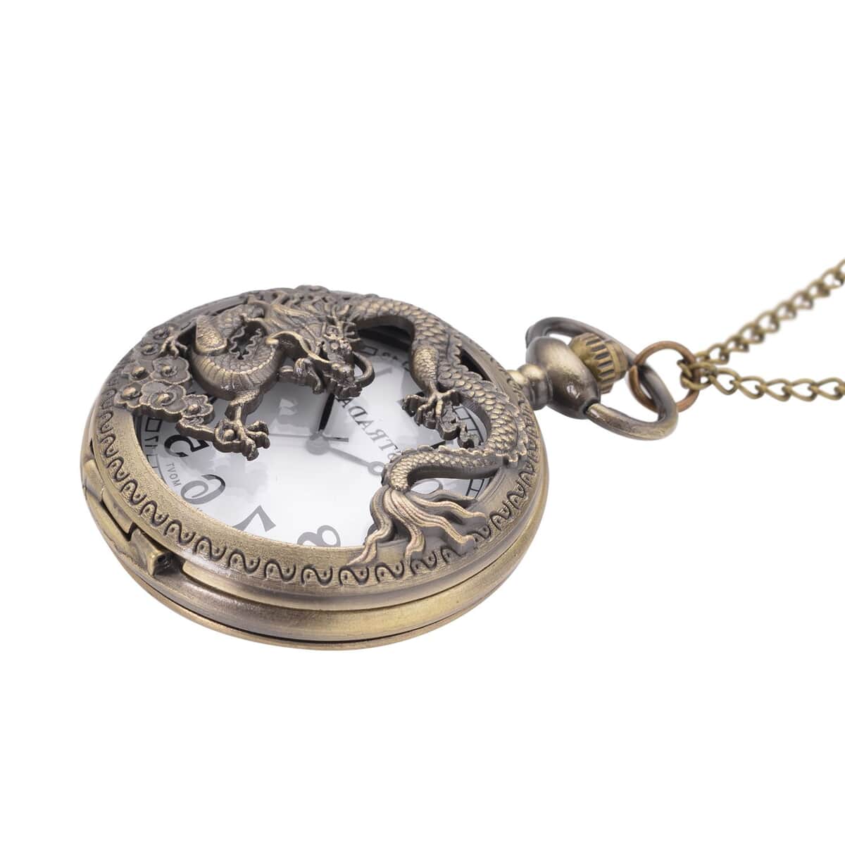 Strada Japanese Movement Dragon Pattern Half Hunter Case Pocket Watch with Chain (31 Inches) in Goldtone image number 2