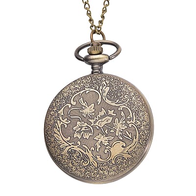 Strada Japanese Movement Dragon Pattern Half Hunter Case Pocket Watch with Chain (31 Inches) in Goldtone