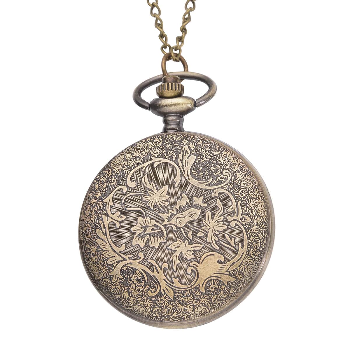 STRADA Japanese Movement Dragon Pattern Half Hunter Case Pocket Watch with Chain (31 Inches) in Goldtone image number 3