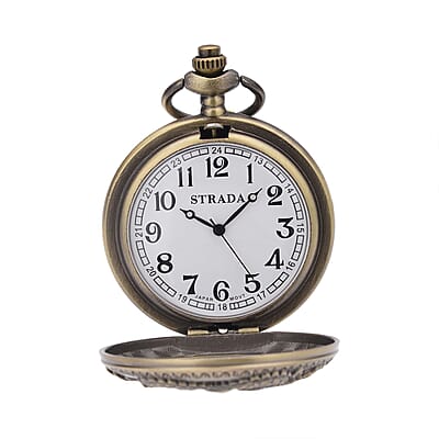 Strada Japanese Movement Dragon Pattern Half Hunter Case Pocket Watch with Chain (31 Inches) in Goldtone