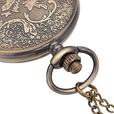 Strada Japanese Movement Dragon Pattern Half Hunter Case Pocket Watch with Chain (31 Inches) in Goldtone