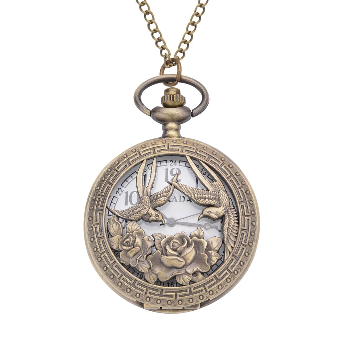 Strada Japanese Movement Swallow Pattern Half Hunter Case Pocket Watch with Chain (31 Inches) in Goldtone image number 0