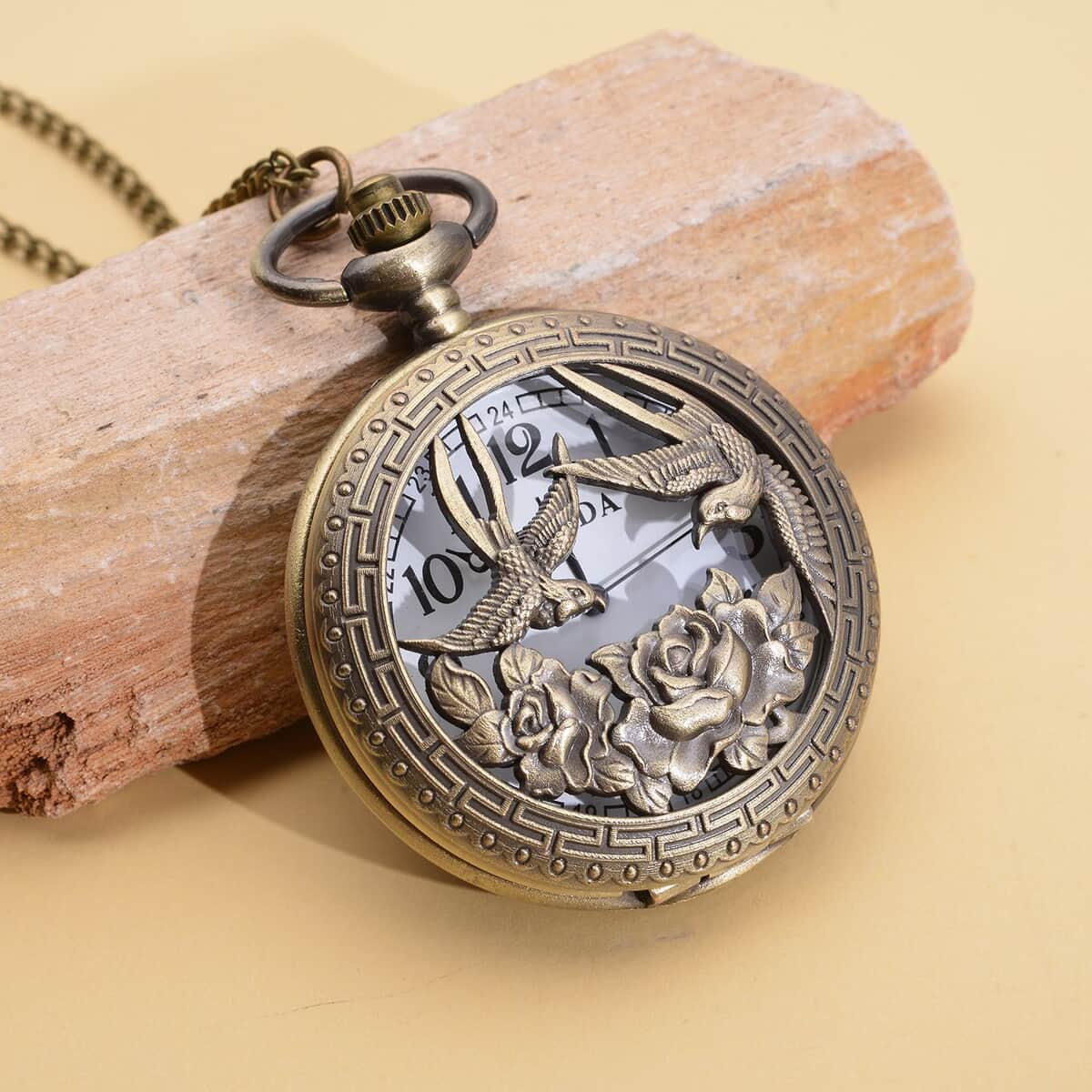 Strada Japanese Movement Swallow Pattern Half Hunter Case Pocket Watch with Chain (31 Inches) in Goldtone image number 1