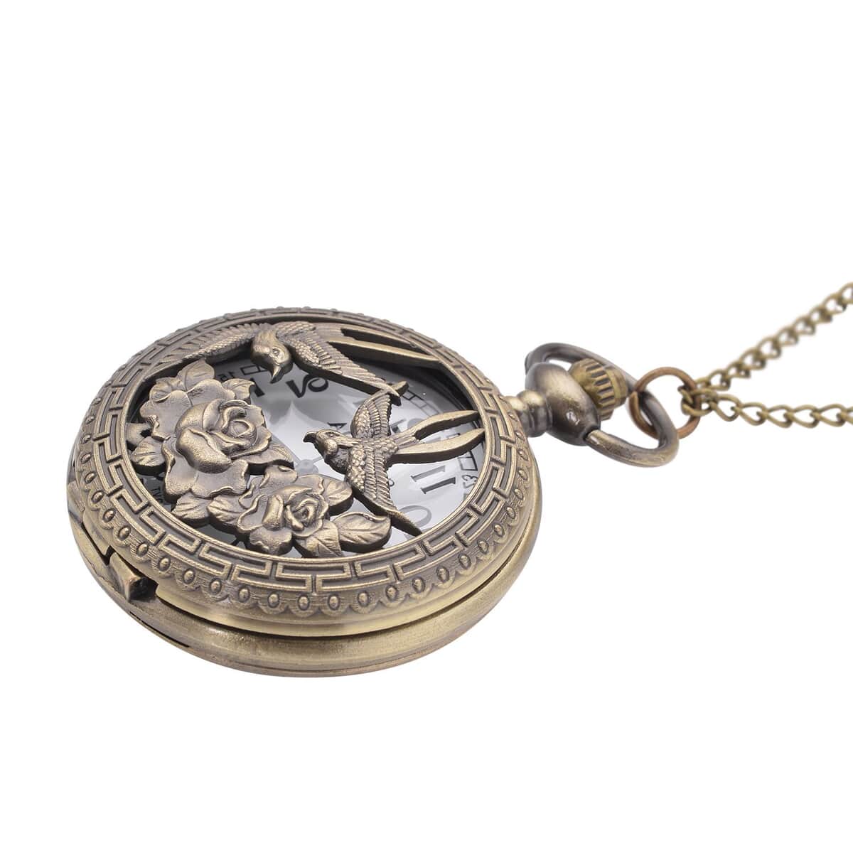Strada Japanese Movement Swallow Pattern Half Hunter Case Pocket Watch with Chain (31 Inches) in Goldtone image number 2