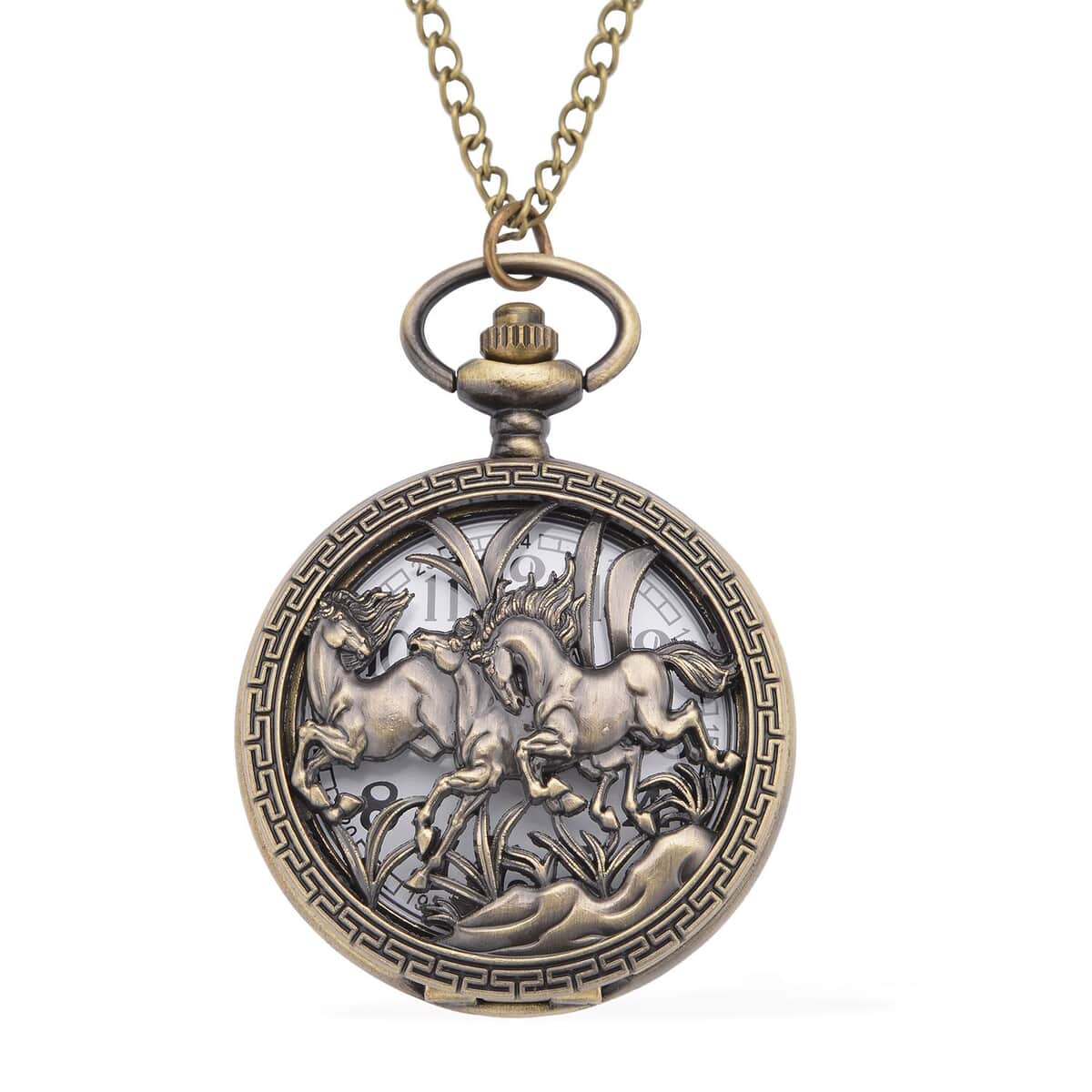 Strada Japanese Movement Horse Pattern Half Hunter Case Pocket Watch with Chain (31 Inches) in Goldtone image number 0