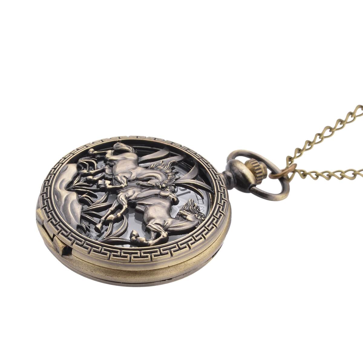 Strada Japanese Movement Horse Pattern Half Hunter Case Pocket Watch with Chain (31 Inches) in Goldtone image number 2