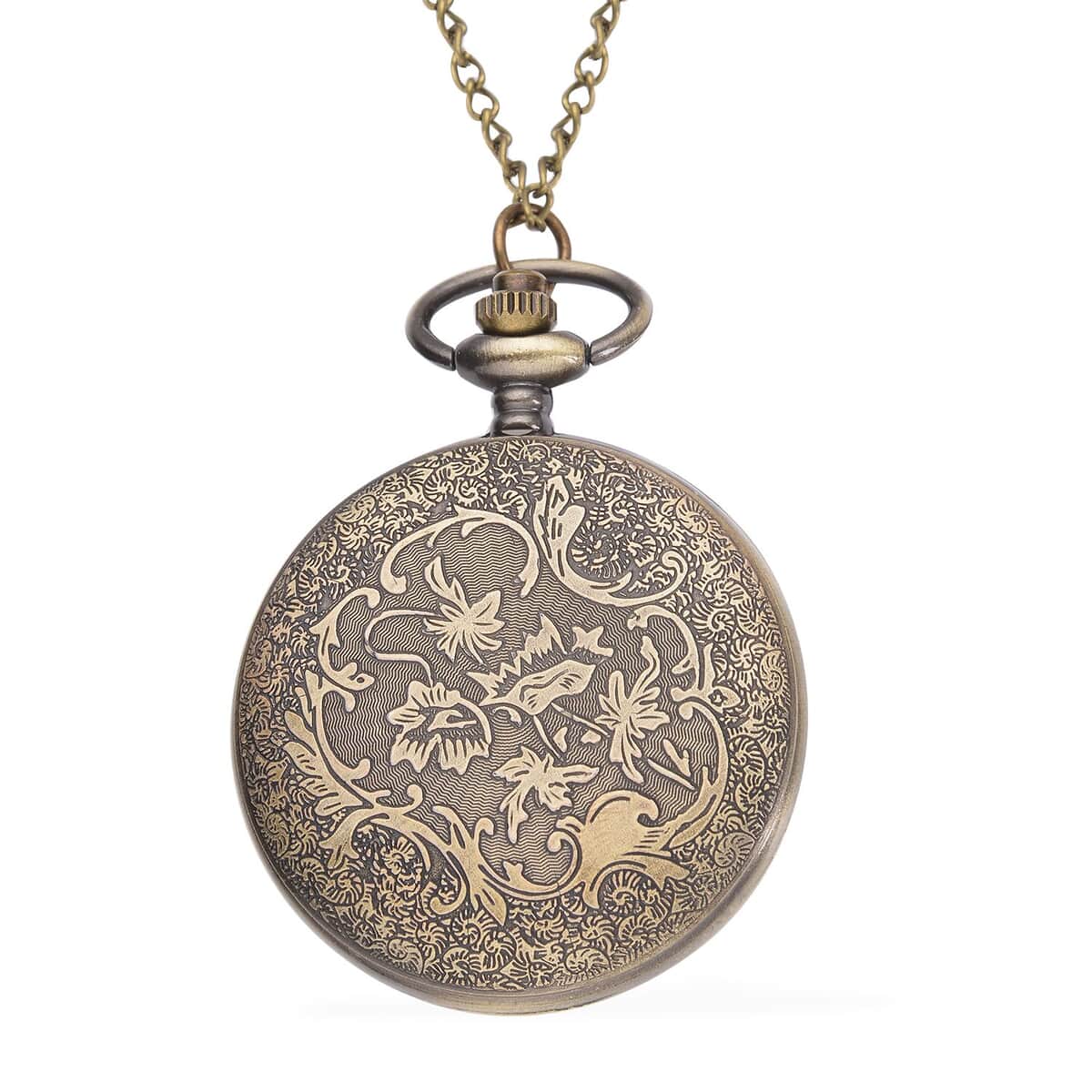 Strada Japanese Movement Horse Pattern Half Hunter Case Pocket Watch with Chain (31 Inches) in Goldtone image number 3