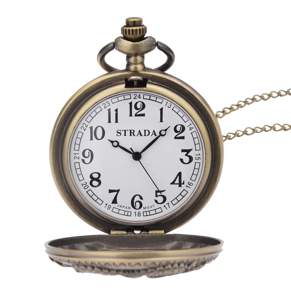 Strada Japanese Movement Horse Pattern Half Hunter Case Pocket Watch with Chain (31 Inches) in Goldtone image number 4