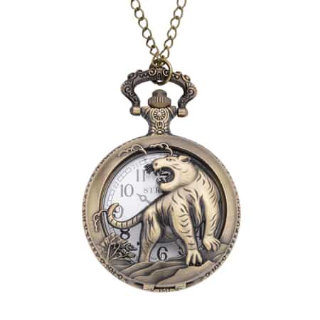 Strada Japanese Movement Tiger Pattern Half Hunter Case Pocket Watch with Chain (31 Inches) in Goldtone image number 0