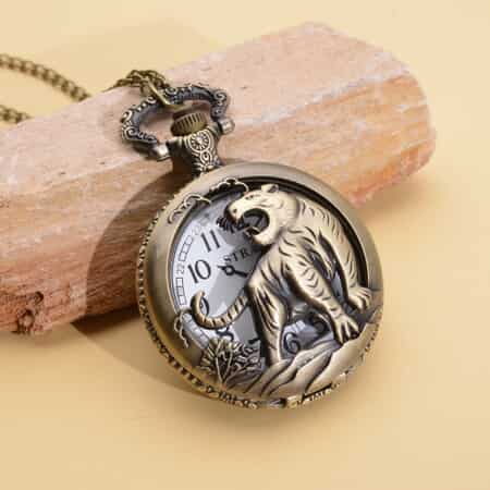 Strada Japanese Movement Tiger Pattern Half Hunter Case Pocket Watch with Chain (31 Inches) in Goldtone image number 1