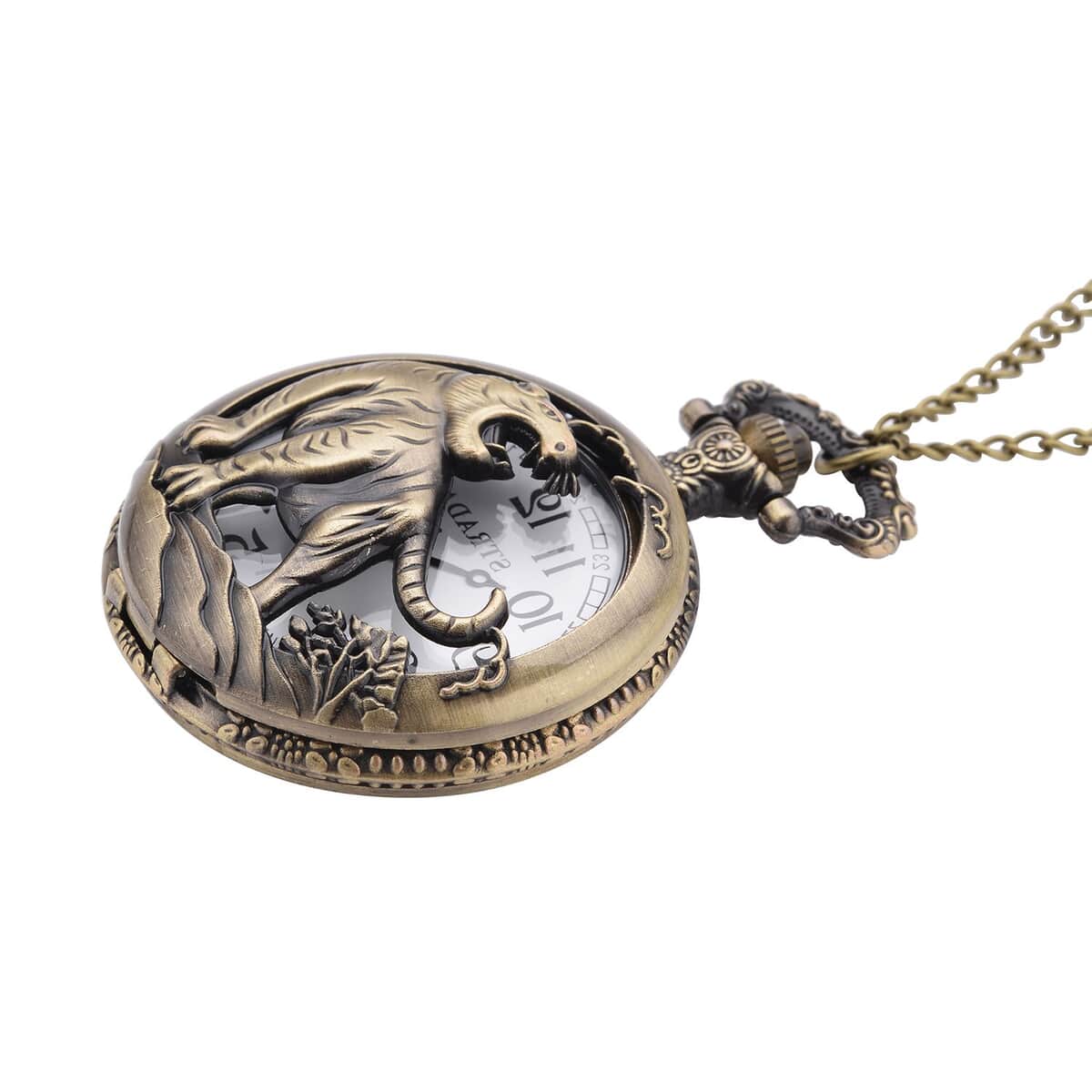 Strada Japanese Movement Tiger Pattern Half Hunter Case Pocket Watch with Chain (31 Inches) in Goldtone image number 2