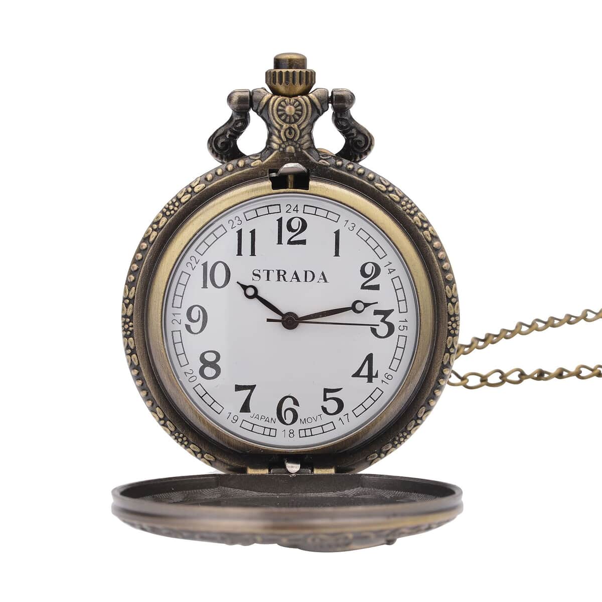 Strada Japanese Movement Tiger Pattern Half Hunter Case Pocket Watch with Chain (31 Inches) in Goldtone image number 5