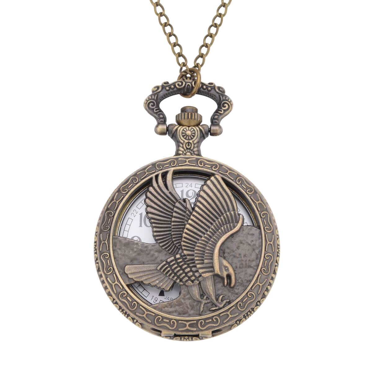 STRADA Japanese Movement Eagle Pattern Half Hunter Case Pocket Watch with Chain (31 Inches) in Goldtone image number 0