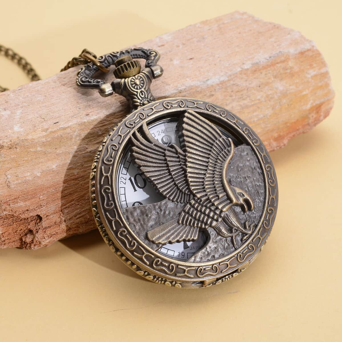 STRADA Japanese Movement Eagle Pattern Half Hunter Case Pocket Watch with Chain (31 Inches) in Goldtone image number 1