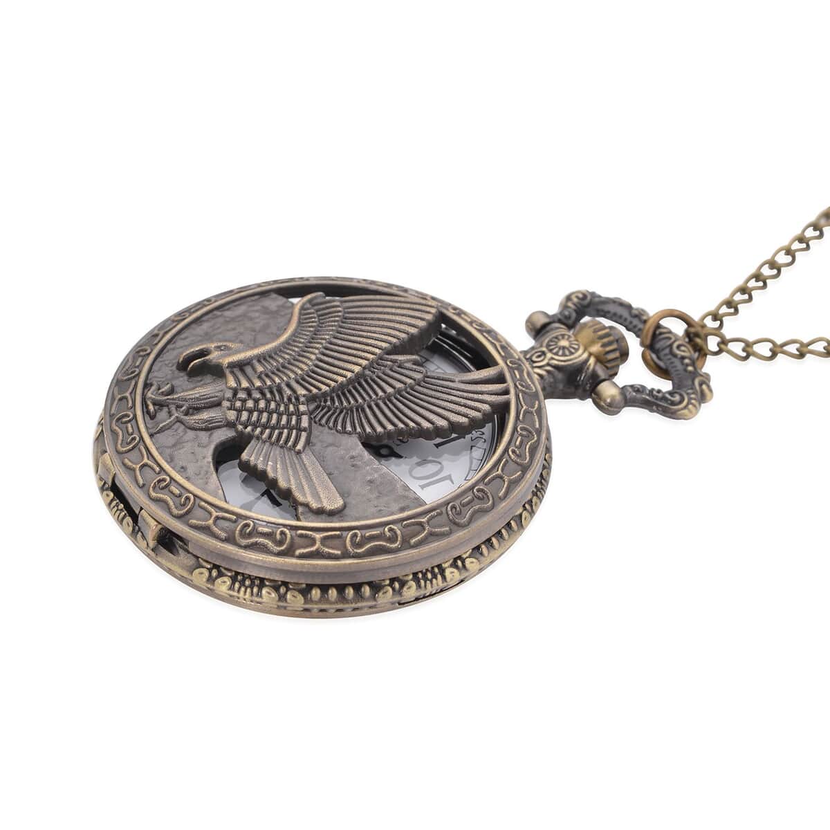 STRADA Japanese Movement Eagle Pattern Half Hunter Case Pocket Watch with Chain (31 Inches) in Goldtone image number 2