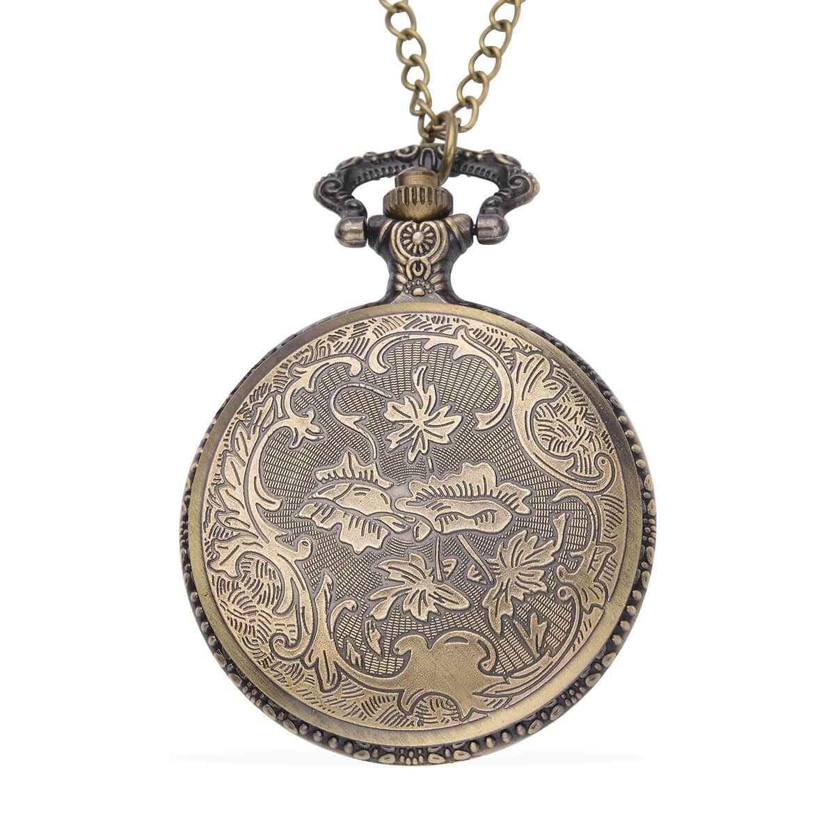 STRADA Japanese Movement Eagle Pattern Half Hunter Case Pocket Watch with Chain (31 Inches) in Goldtone image number 3