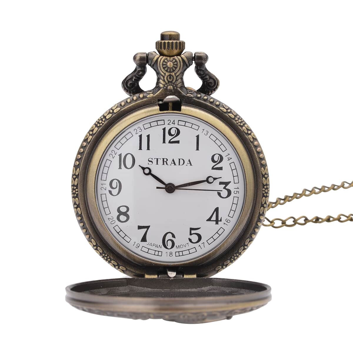 STRADA Japanese Movement Eagle Pattern Half Hunter Case Pocket Watch with Chain (31 Inches) in Goldtone image number 4