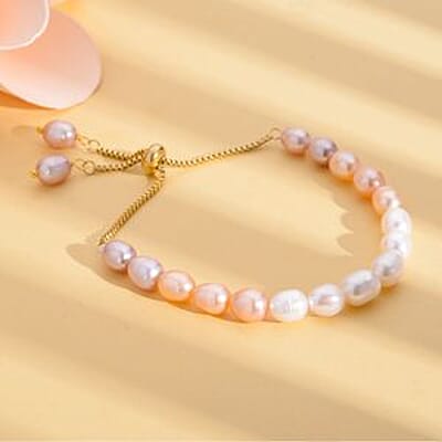 Multi Color Freshwater Pearl 36.00 ctw Bracelet in ION Plated YG Stainless Steel (6.00-9.00 In)