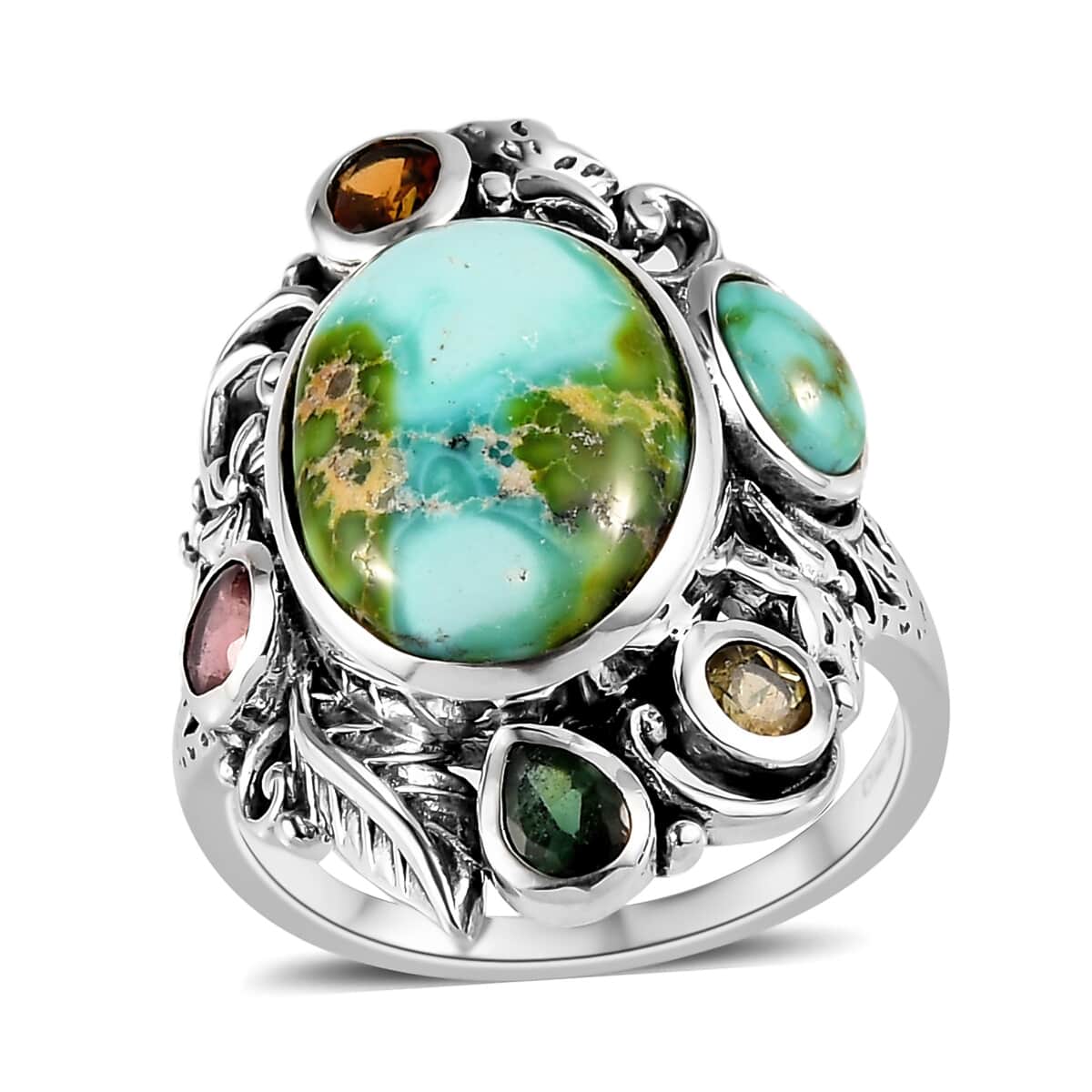 Artisan Crafted Sonoran Gold Turquoise and Multi-Tourmaline Floral Ring in Sterling Silver (Size 7.0) 6.65 ctw image number 0
