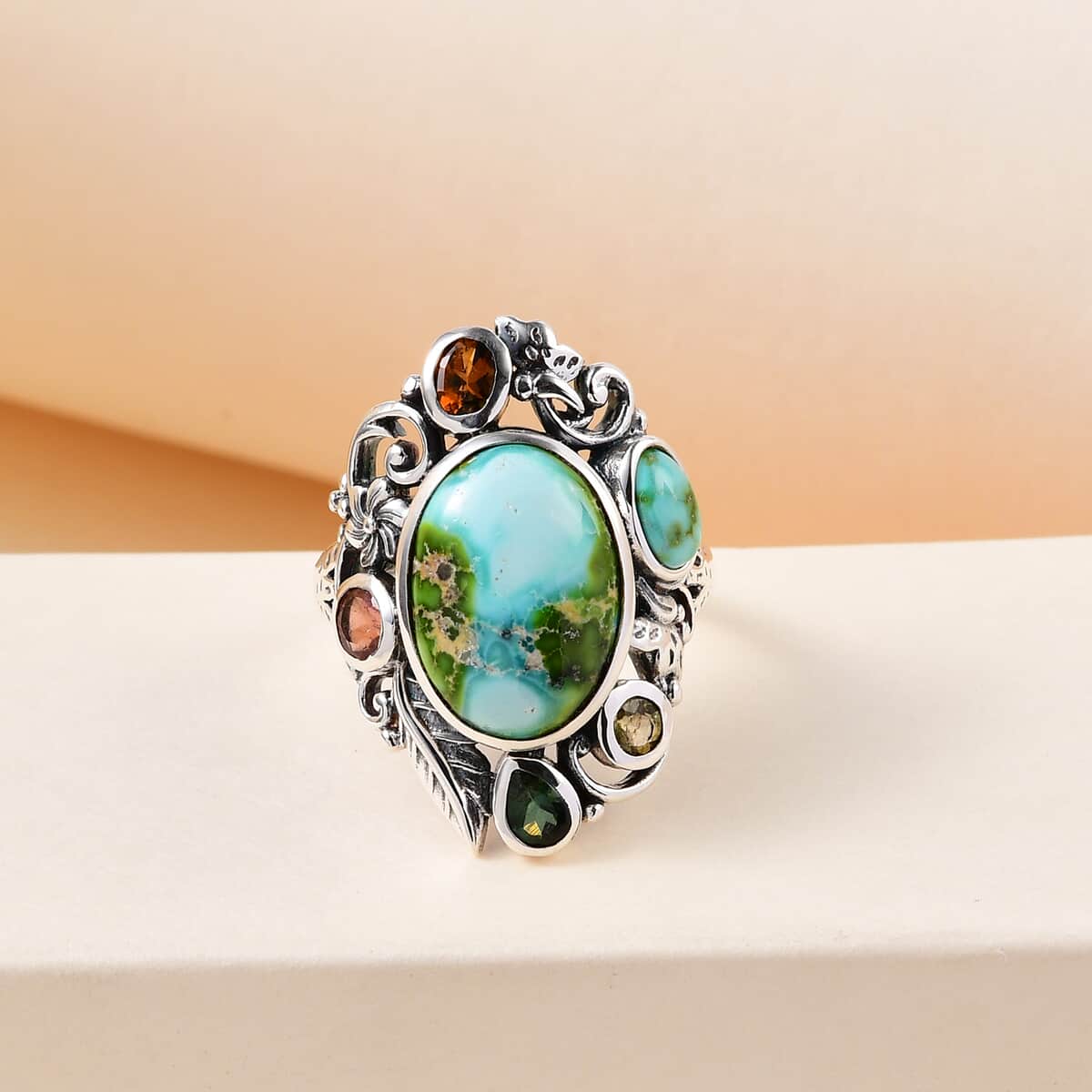 Artisan Crafted Sonoran Gold Turquoise and Multi-Tourmaline Floral Ring in Sterling Silver (Size 7.0) 6.65 ctw image number 1