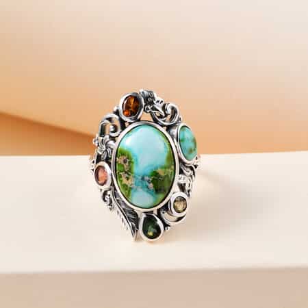 Artisan Crafted Sonoran Gold Turquoise and Multi-Tourmaline Floral Ring in Sterling Silver (Size 7.0) 6.65 ctw image number 1