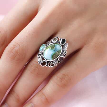 Artisan Crafted Sonoran Gold Turquoise and Multi-Tourmaline Floral Ring in Sterling Silver (Size 7.0) 6.65 ctw image number 2