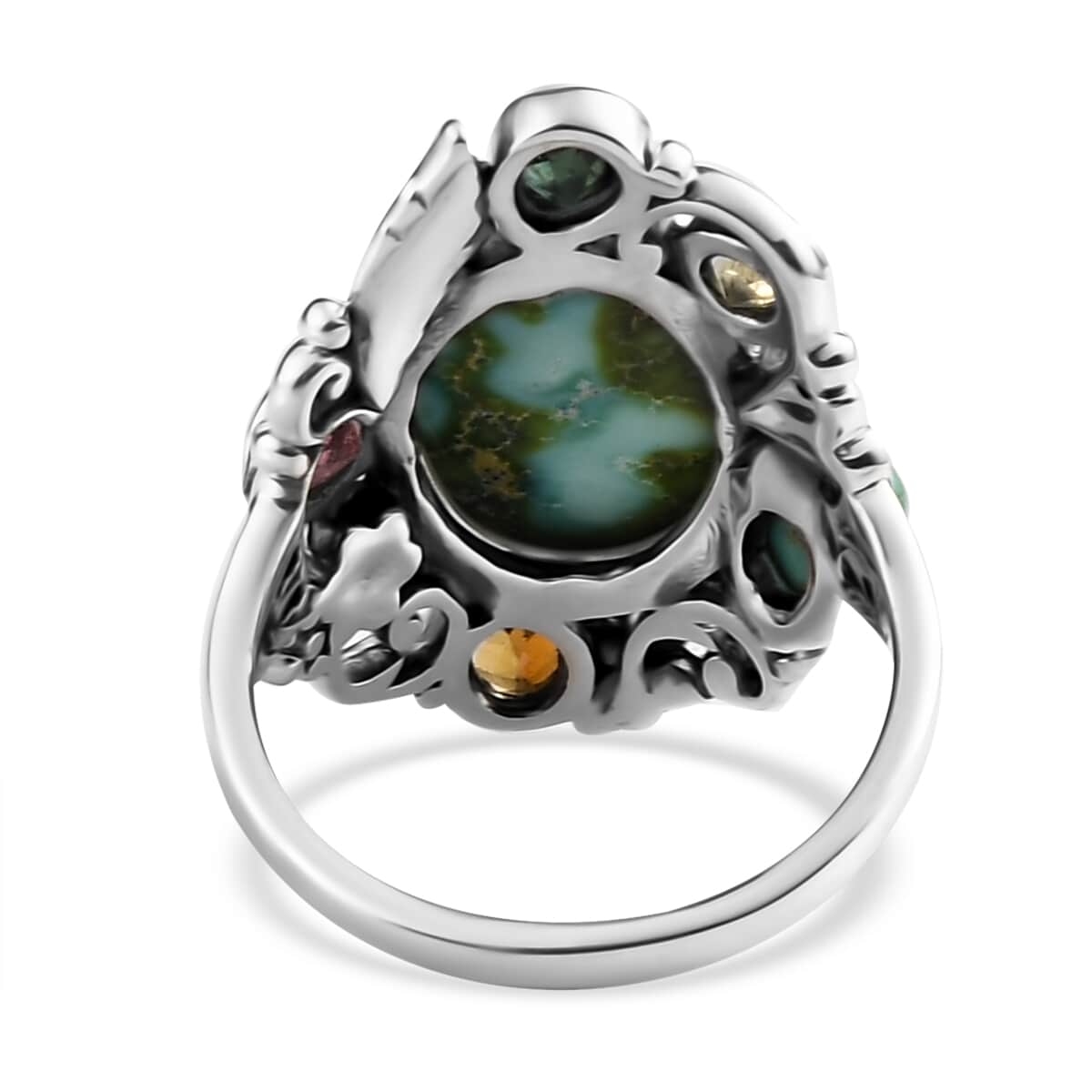 Artisan Crafted Sonoran Gold Turquoise and Multi-Tourmaline Floral Ring in Sterling Silver (Size 7.0) 6.65 ctw image number 4