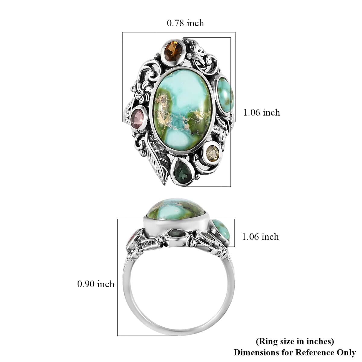 Artisan Crafted Natural Sonoran Gold Turquoise, Multi-Tourmaline Ring in Sterling Silver (Size 10.0) 6.00 ctw image number 5
