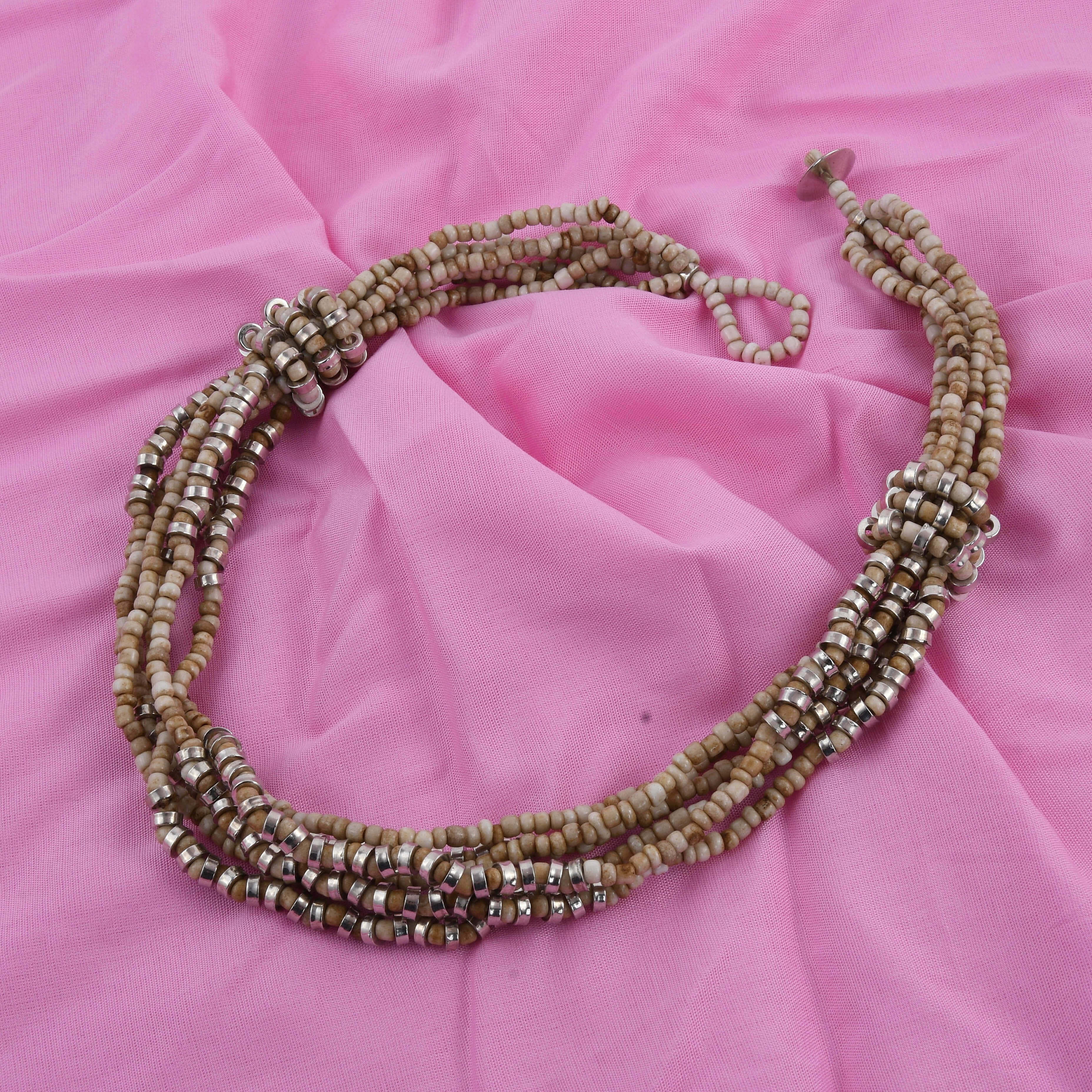 Cream Knot Beaded Multi Strand Necklace 20 Inches in Silvertone