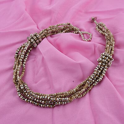 Cream Knot Beaded Multi Strand Necklace 20 Inches in Silvertone