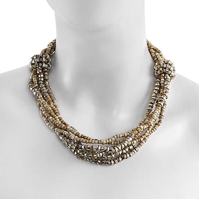 Cream Knot Beaded Multi Strand Necklace 20 Inches in Silvertone