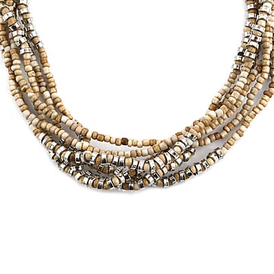 Cream Knot Beaded Multi Strand Necklace 20 Inches in Silvertone