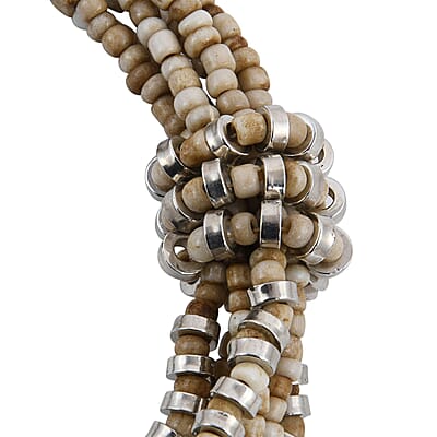 Cream Knot Beaded Multi Strand Necklace 20 Inches in Silvertone