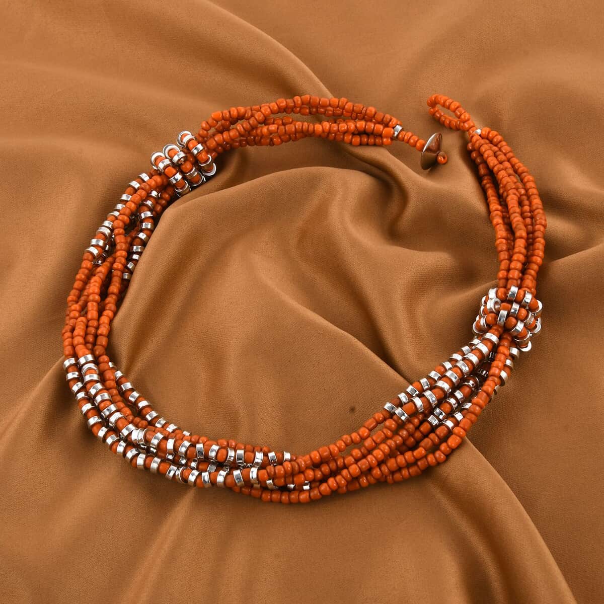 Orange Knot Beaded Multi Strand Necklace 20 Inches in Silvertone image number 1