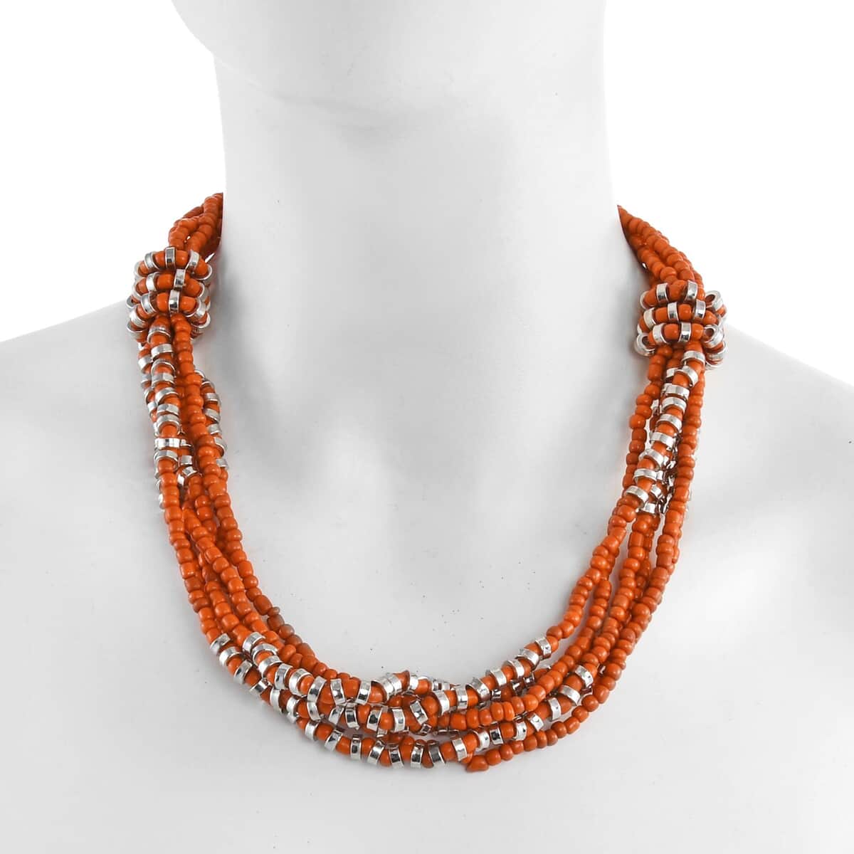 Orange Knot Beaded Multi Strand Necklace 20 Inches in Silvertone image number 2