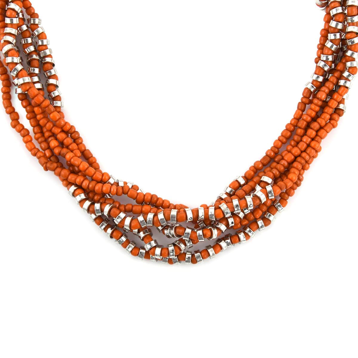 Orange Knot Beaded Multi Strand Necklace 20 Inches in Silvertone image number 3