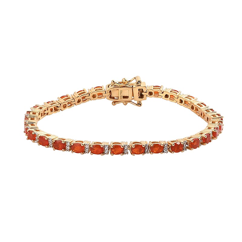 Mexican Cherry Fire Opal and Natural White Zircon Tennis Bracelet in Vermeil Yellow Gold Over Sterling Silver (6.50 In) 3.90 ctw