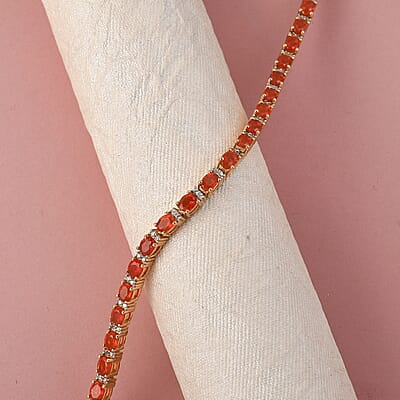 Mexican Cherry Fire Opal and Natural White Zircon Tennis Bracelet in Vermeil Yellow Gold Over Sterling Silver (6.50 In) 3.90 ctw