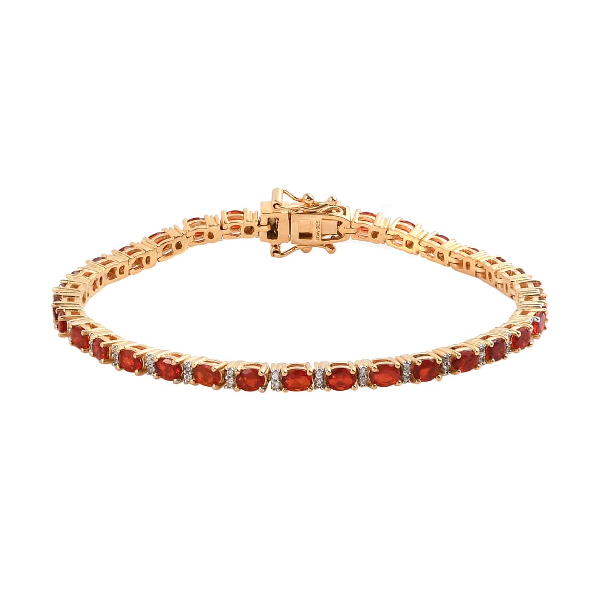 Mexican Cherry Fire Opal and White Zircon Tennis Bracelet in Vermeil Yellow Gold Over Sterling Silver (7.25 In) 4.50 ctw image number 0