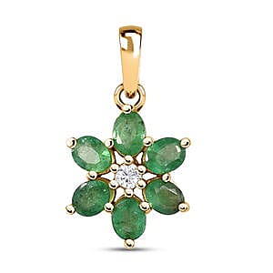 Zambian Emerald and White Zircon Floral 0.87 ctw Pendant in Vermeil YG Over Sterling Silver