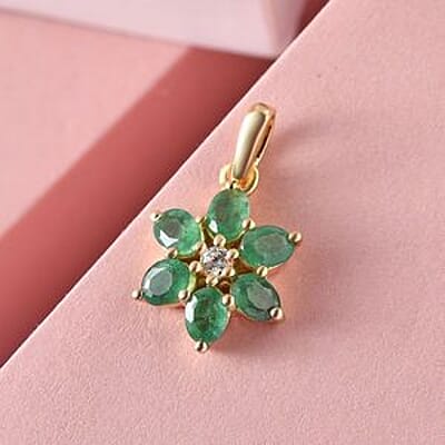 Zambian Emerald and White Zircon Floral 0.87 ctw Pendant in Vermeil YG Over Sterling Silver