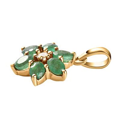 Zambian Emerald and White Zircon Floral 0.87 ctw Pendant in Vermeil YG Over Sterling Silver