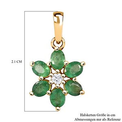 Zambian Emerald and White Zircon Floral 0.87 ctw Pendant in Vermeil YG Over Sterling Silver