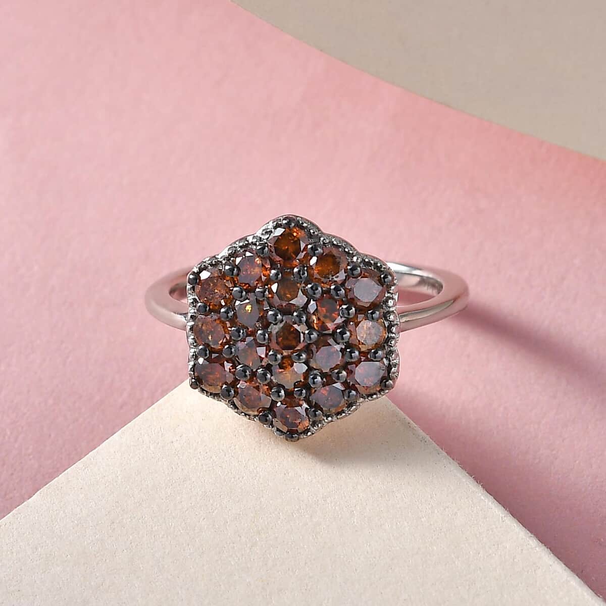 Red Diamond Cluster Ring in Rhodium and Platinum Over Sterling Silver 1.00 ctw image number 1