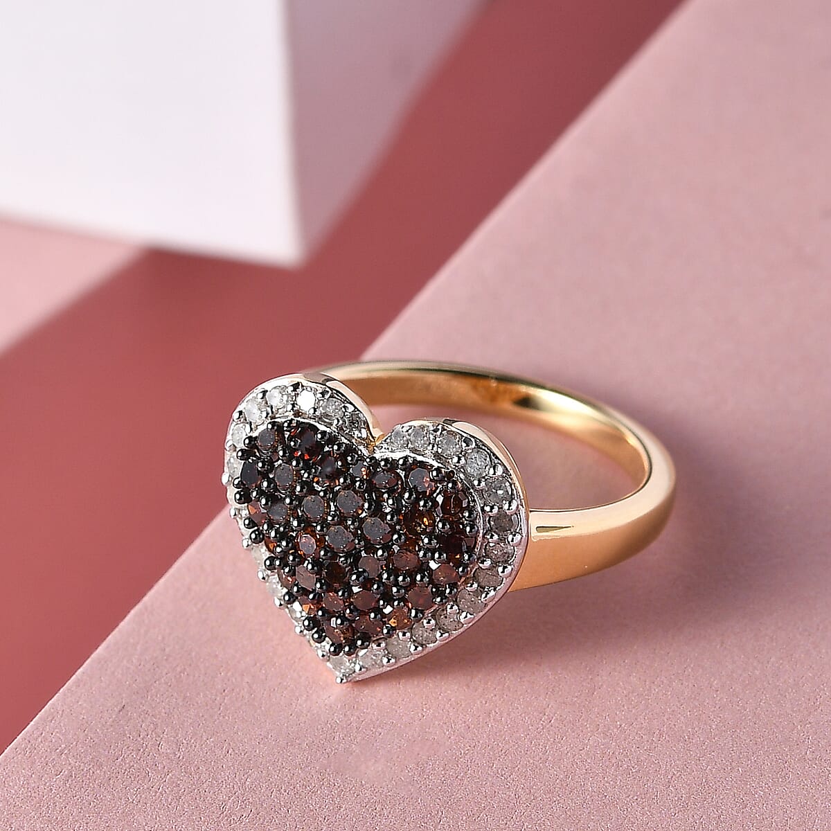 Red Diamond and Diamond Heart Ring in Rhodium and Vermeil Yellow Gold Over Sterling Silver (Size 7.0) 1.00 ctw image number 1