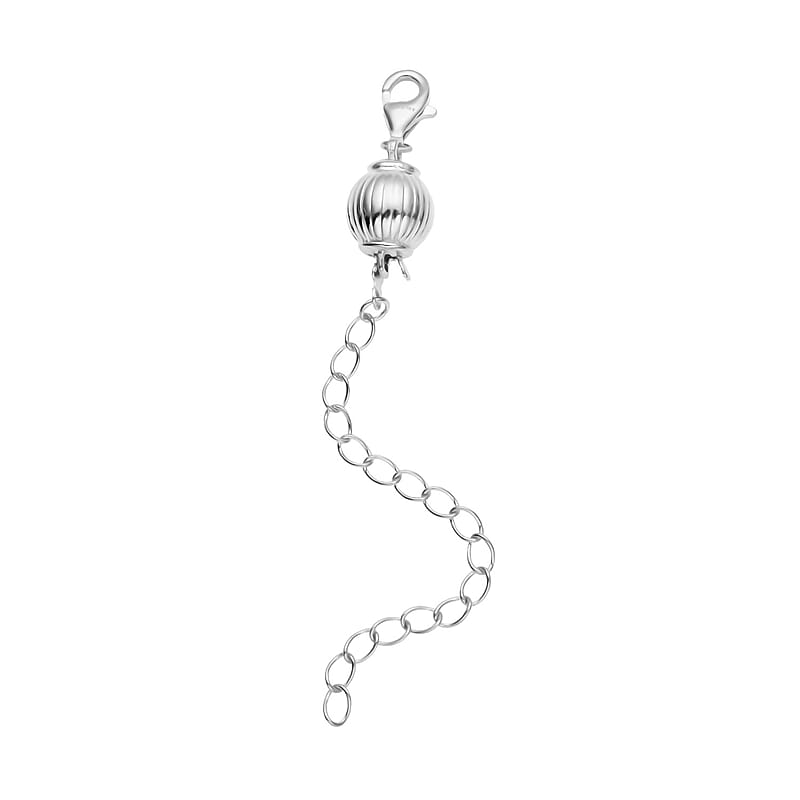 Rhodium Over Sterling Silver 8mm Stripe Ball Buckle with 2 Inches Extension Chain with Lobster Lock