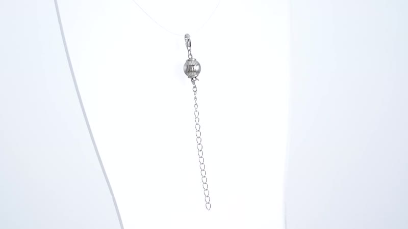 Rhodium Over Sterling Silver 8mm Stripe Ball Buckle with 2 Inches Extension Chain with Lobster Lock