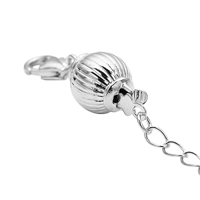 Rhodium Over Sterling Silver 8mm Stripe Ball Buckle with 2 Inches Extension Chain with Lobster Lock
