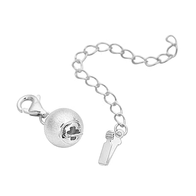 Rhodium Over Sterling Silver 8mm Sanded Ball Buckle with 2 Inches Extension Chain with Lobster Lock