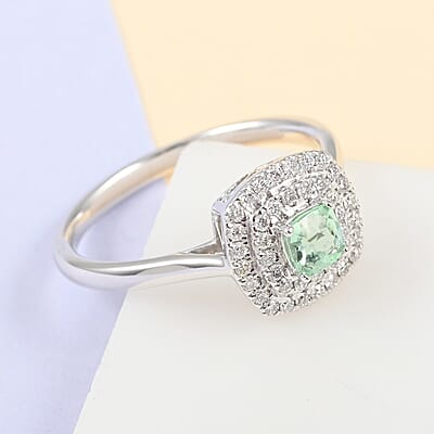 Certified & Appraised Rhapsody 950 Platinum AAAA Paraiba Tourmaline and E-F VS Diamond Double Halo Ring (Size 10.0) 5 Grams 0.60 ctw